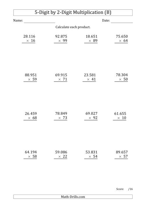 The Multiplying 5-Digit by 2-Digit Numbers with Period-Separated Thousands (B) Math Worksheet