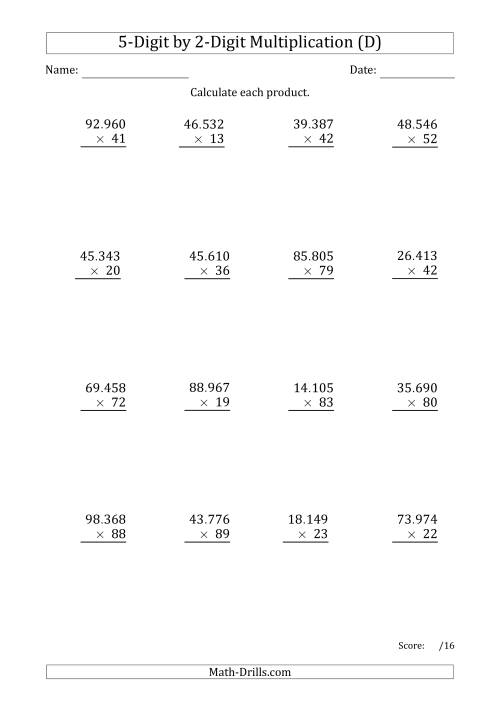 The Multiplying 5-Digit by 2-Digit Numbers with Period-Separated Thousands (D) Math Worksheet