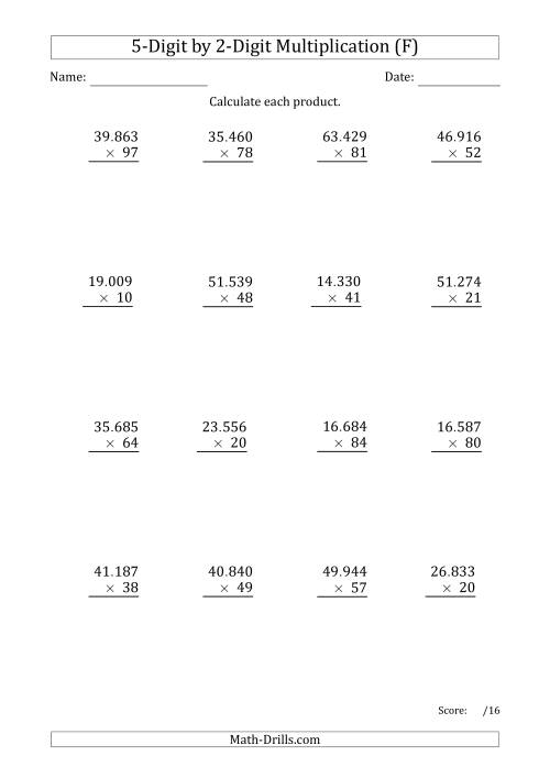 The Multiplying 5-Digit by 2-Digit Numbers with Period-Separated Thousands (F) Math Worksheet