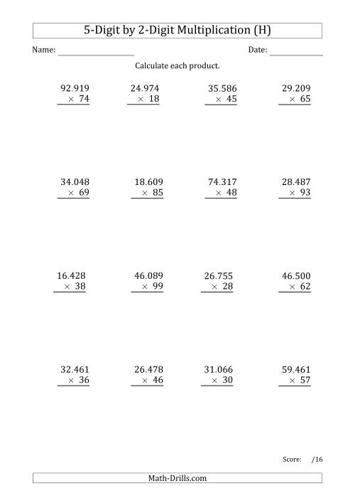 The Multiplying 5-Digit by 2-Digit Numbers with Period-Separated Thousands (H) Math Worksheet