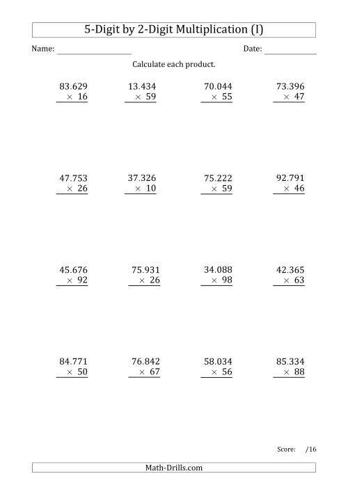 The Multiplying 5-Digit by 2-Digit Numbers with Period-Separated Thousands (I) Math Worksheet