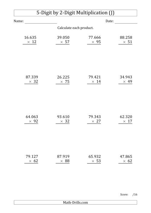 The Multiplying 5-Digit by 2-Digit Numbers with Period-Separated Thousands (J) Math Worksheet