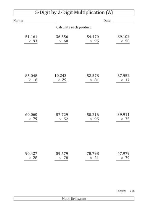 The Multiplying 5-Digit by 2-Digit Numbers with Period-Separated Thousands (All) Math Worksheet