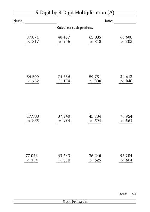 The Multiplying 5-Digit by 3-Digit Numbers with Period-Separated Thousands (A) Math Worksheet