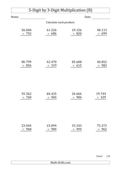 The Multiplying 5-Digit by 3-Digit Numbers with Period-Separated Thousands (B) Math Worksheet