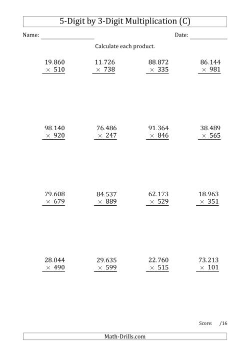 The Multiplying 5-Digit by 3-Digit Numbers with Period-Separated Thousands (C) Math Worksheet