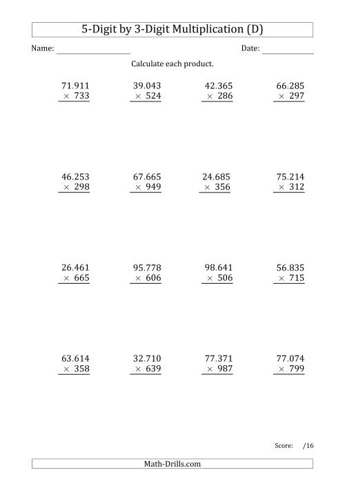 The Multiplying 5-Digit by 3-Digit Numbers with Period-Separated Thousands (D) Math Worksheet