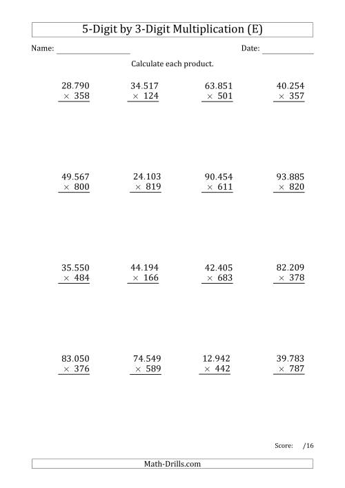 The Multiplying 5-Digit by 3-Digit Numbers with Period-Separated Thousands (E) Math Worksheet