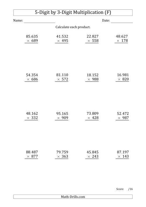The Multiplying 5-Digit by 3-Digit Numbers with Period-Separated Thousands (F) Math Worksheet