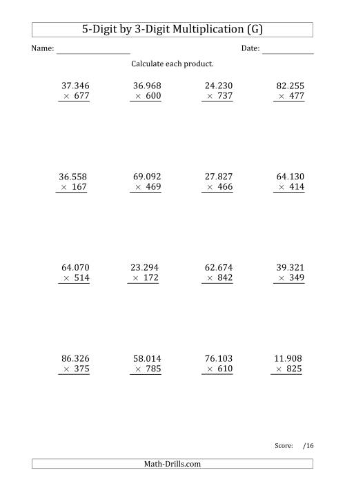 The Multiplying 5-Digit by 3-Digit Numbers with Period-Separated Thousands (G) Math Worksheet