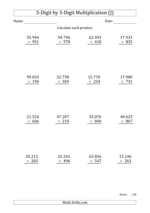 The Multiplying 5-Digit by 3-Digit Numbers with Period-Separated Thousands (J) Math Worksheet