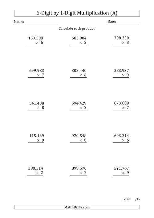 The Multiplying 6-Digit by 1-Digit Numbers with Period-Separated Thousands (A) Math Worksheet