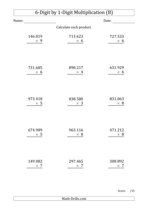 The Multiplying 6-Digit by 1-Digit Numbers with Period-Separated Thousands (B) Math Worksheet