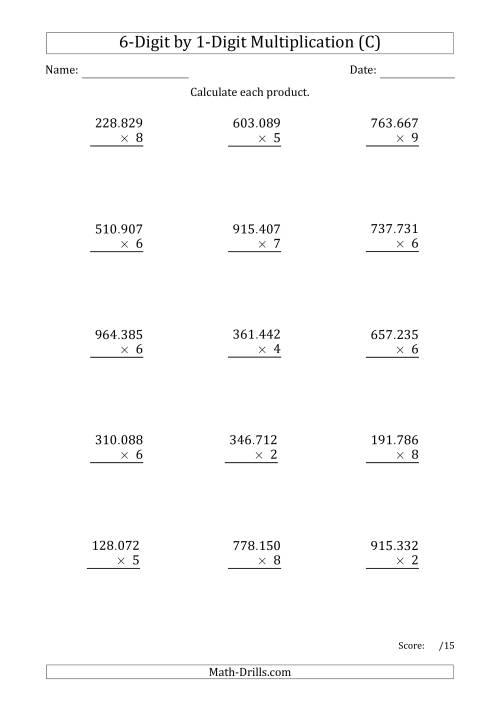 The Multiplying 6-Digit by 1-Digit Numbers with Period-Separated Thousands (C) Math Worksheet