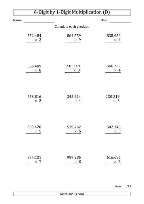 The Multiplying 6-Digit by 1-Digit Numbers with Period-Separated Thousands (D) Math Worksheet