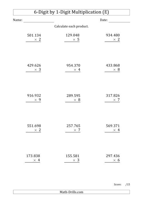 The Multiplying 6-Digit by 1-Digit Numbers with Period-Separated Thousands (E) Math Worksheet