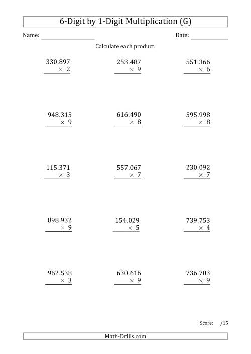 The Multiplying 6-Digit by 1-Digit Numbers with Period-Separated Thousands (G) Math Worksheet