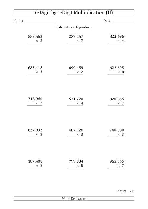 The Multiplying 6-Digit by 1-Digit Numbers with Period-Separated Thousands (H) Math Worksheet