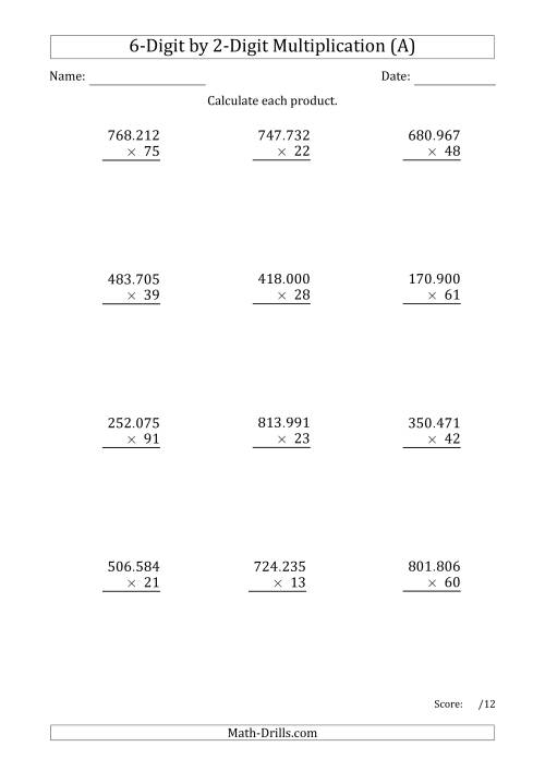 The Multiplying 6-Digit by 2-Digit Numbers with Period-Separated Thousands (A) Math Worksheet
