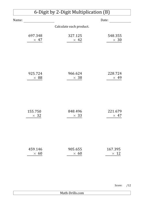 The Multiplying 6-Digit by 2-Digit Numbers with Period-Separated Thousands (B) Math Worksheet