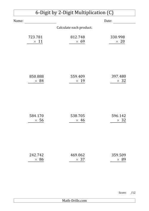 The Multiplying 6-Digit by 2-Digit Numbers with Period-Separated Thousands (C) Math Worksheet