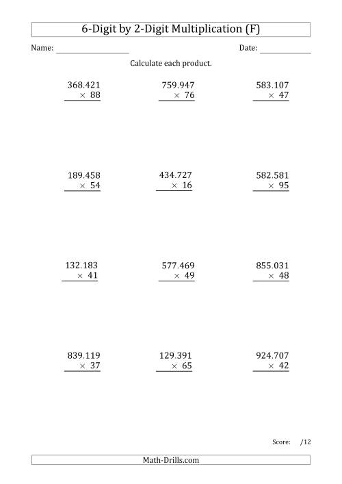 The Multiplying 6-Digit by 2-Digit Numbers with Period-Separated Thousands (F) Math Worksheet