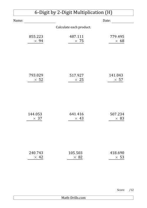 The Multiplying 6-Digit by 2-Digit Numbers with Period-Separated Thousands (H) Math Worksheet