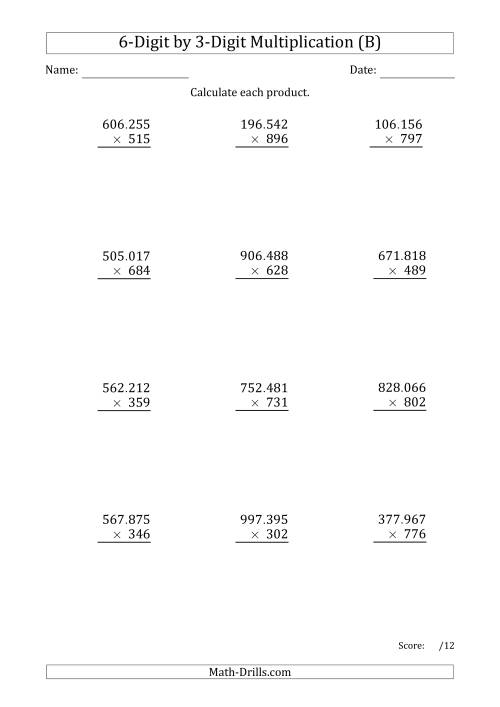 The Multiplying 6-Digit by 3-Digit Numbers with Period-Separated Thousands (B) Math Worksheet