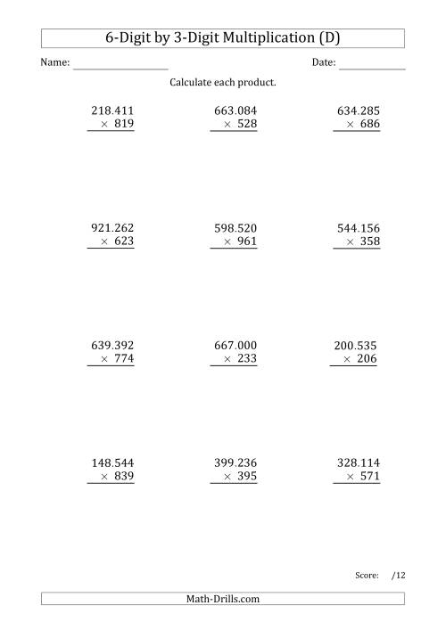 The Multiplying 6-Digit by 3-Digit Numbers with Period-Separated Thousands (D) Math Worksheet