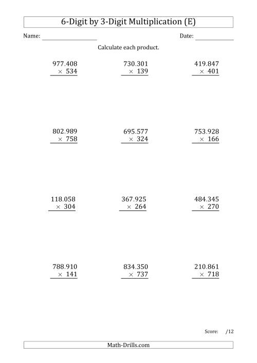 The Multiplying 6-Digit by 3-Digit Numbers with Period-Separated Thousands (E) Math Worksheet
