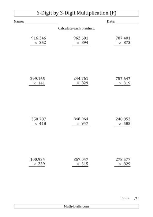 The Multiplying 6-Digit by 3-Digit Numbers with Period-Separated Thousands (F) Math Worksheet