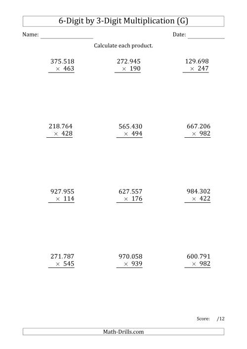 The Multiplying 6-Digit by 3-Digit Numbers with Period-Separated Thousands (G) Math Worksheet