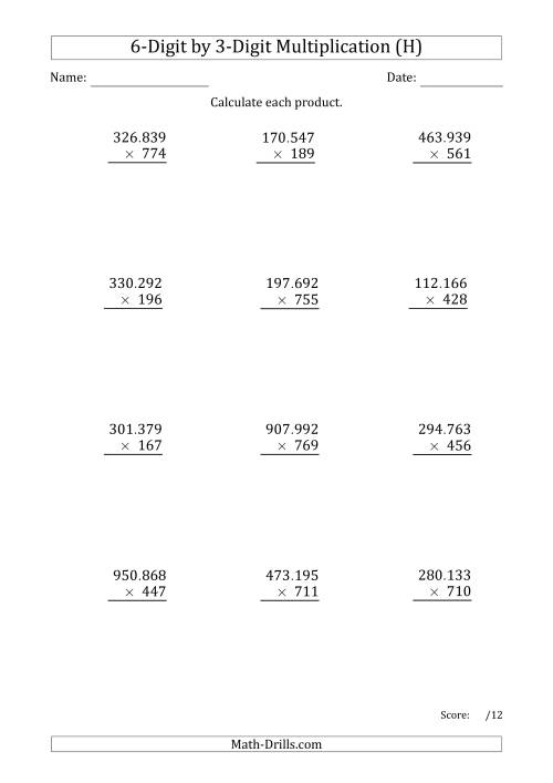 The Multiplying 6-Digit by 3-Digit Numbers with Period-Separated Thousands (H) Math Worksheet
