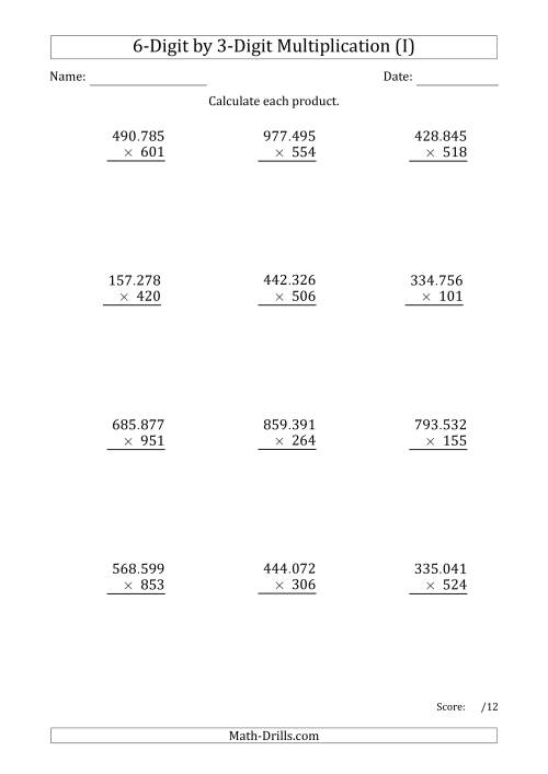The Multiplying 6-Digit by 3-Digit Numbers with Period-Separated Thousands (I) Math Worksheet