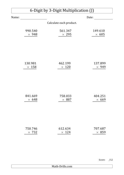 The Multiplying 6-Digit by 3-Digit Numbers with Period-Separated Thousands (J) Math Worksheet