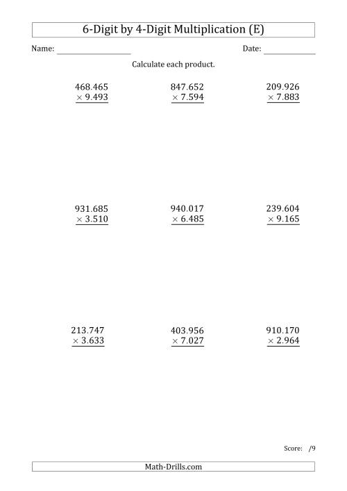 The Multiplying 6-Digit by 4-Digit Numbers with Period-Separated Thousands (E) Math Worksheet