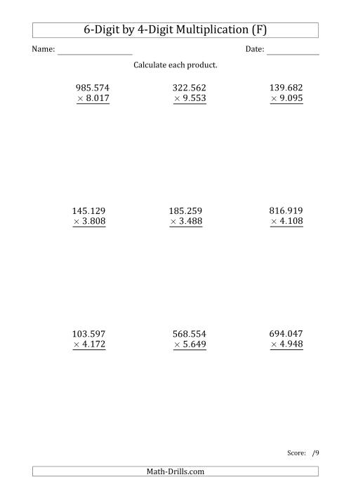 The Multiplying 6-Digit by 4-Digit Numbers with Period-Separated Thousands (F) Math Worksheet