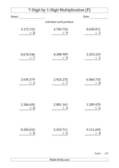 The Multiplying 7-Digit by 1-Digit Numbers with Period-Separated Thousands (F) Math Worksheet