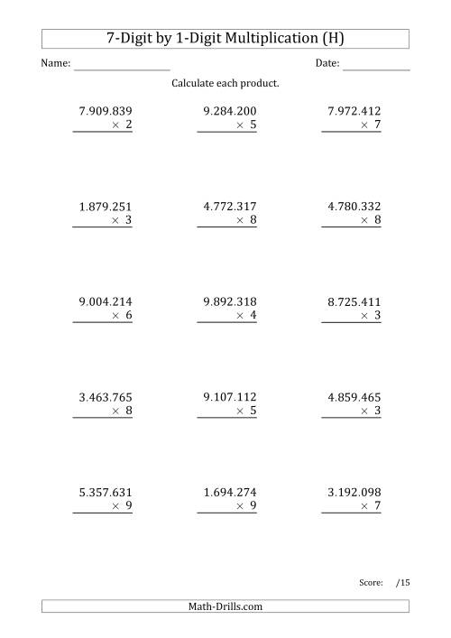 The Multiplying 7-Digit by 1-Digit Numbers with Period-Separated Thousands (H) Math Worksheet