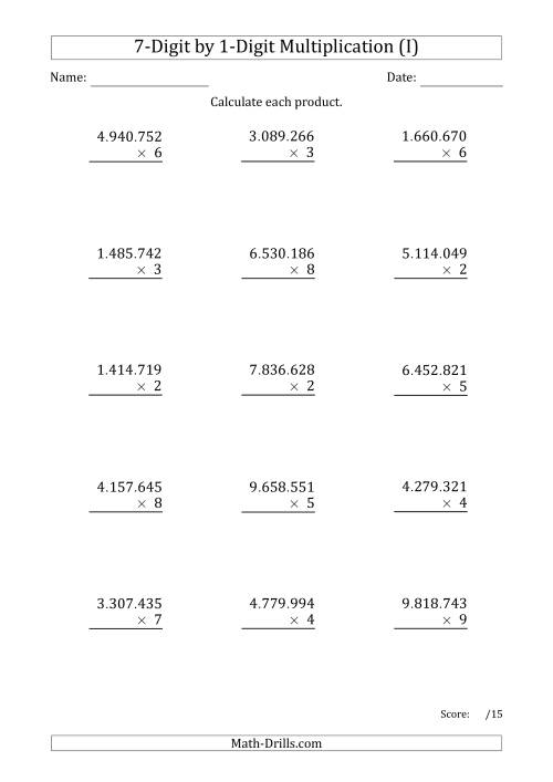 The Multiplying 7-Digit by 1-Digit Numbers with Period-Separated Thousands (I) Math Worksheet