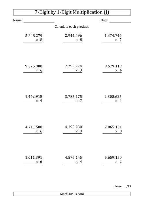 The Multiplying 7-Digit by 1-Digit Numbers with Period-Separated Thousands (J) Math Worksheet
