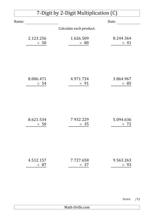 The Multiplying 7-Digit by 2-Digit Numbers with Period-Separated Thousands (C) Math Worksheet