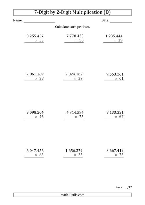 The Multiplying 7-Digit by 2-Digit Numbers with Period-Separated Thousands (D) Math Worksheet