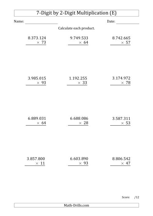 The Multiplying 7-Digit by 2-Digit Numbers with Period-Separated Thousands (E) Math Worksheet