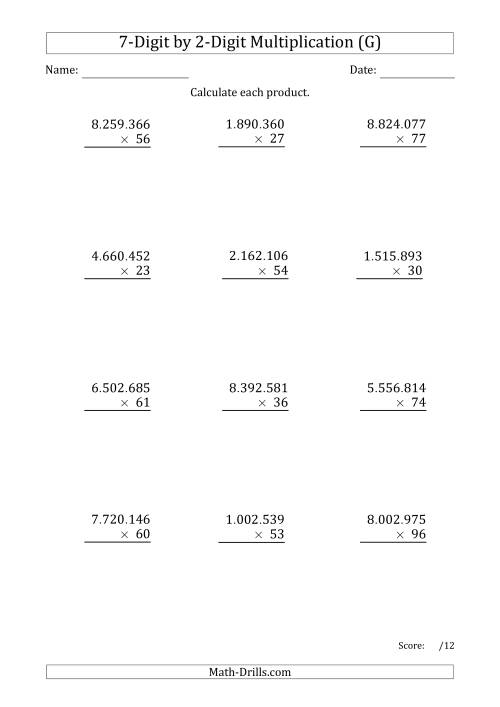 The Multiplying 7-Digit by 2-Digit Numbers with Period-Separated Thousands (G) Math Worksheet