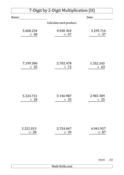 The Multiplying 7-Digit by 2-Digit Numbers with Period-Separated Thousands (H) Math Worksheet