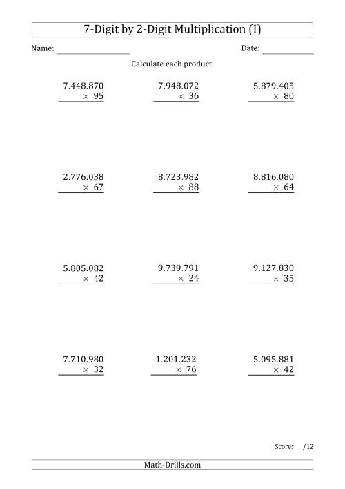 The Multiplying 7-Digit by 2-Digit Numbers with Period-Separated Thousands (I) Math Worksheet