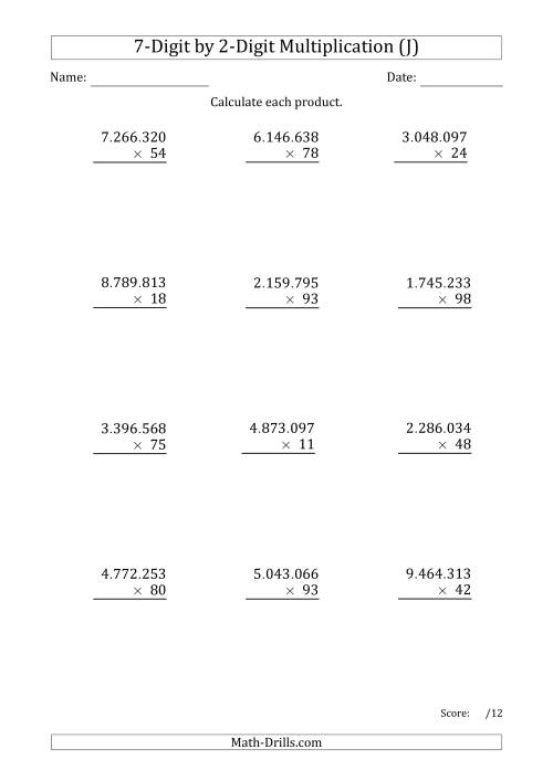 The Multiplying 7-Digit by 2-Digit Numbers with Period-Separated Thousands (J) Math Worksheet