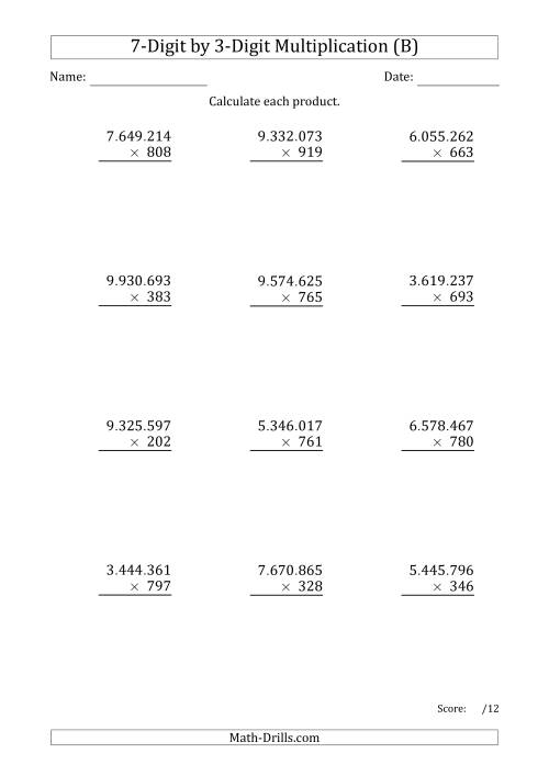 The Multiplying 7-Digit by 3-Digit Numbers with Period-Separated Thousands (B) Math Worksheet