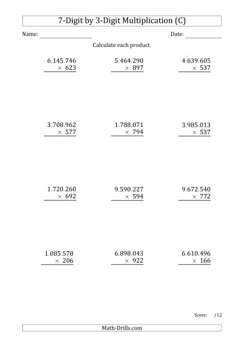 The Multiplying 7-Digit by 3-Digit Numbers with Period-Separated Thousands (C) Math Worksheet